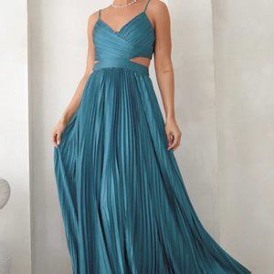 Got the Glam Teal Pleated Cutout Maxi Dress